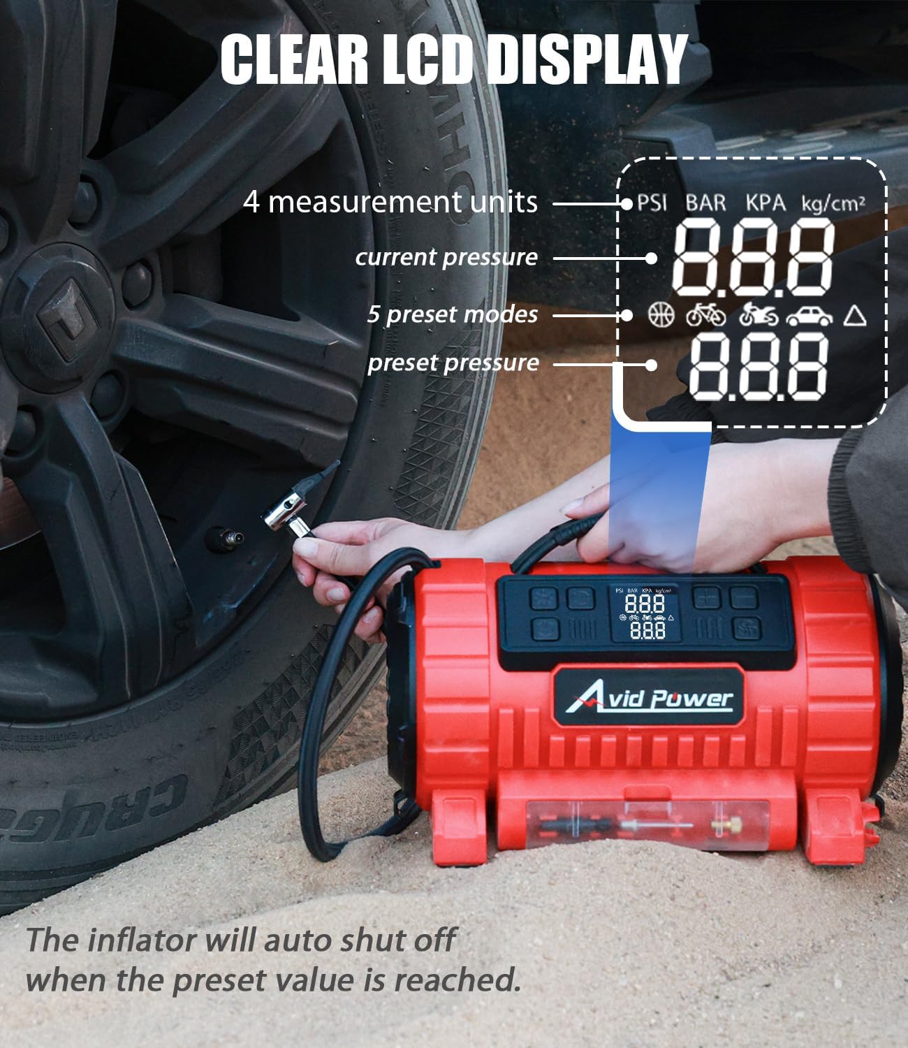 Detalle de AVID POWER Tire Inflator Portable Air Compressor: 12V DC / 110V AC, 5 Presets, LCD Gauge