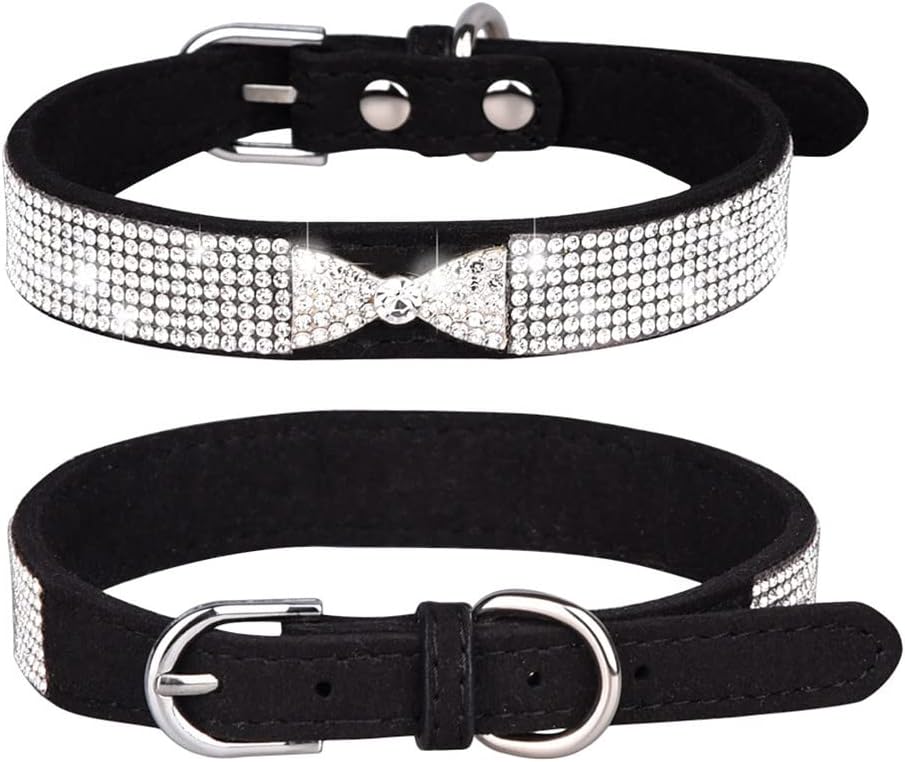 Detalle 2 de Weimostar Small Dog Collar with Diamond Bling and Bowtie - Velvet Fabric, Adjustable Buckle