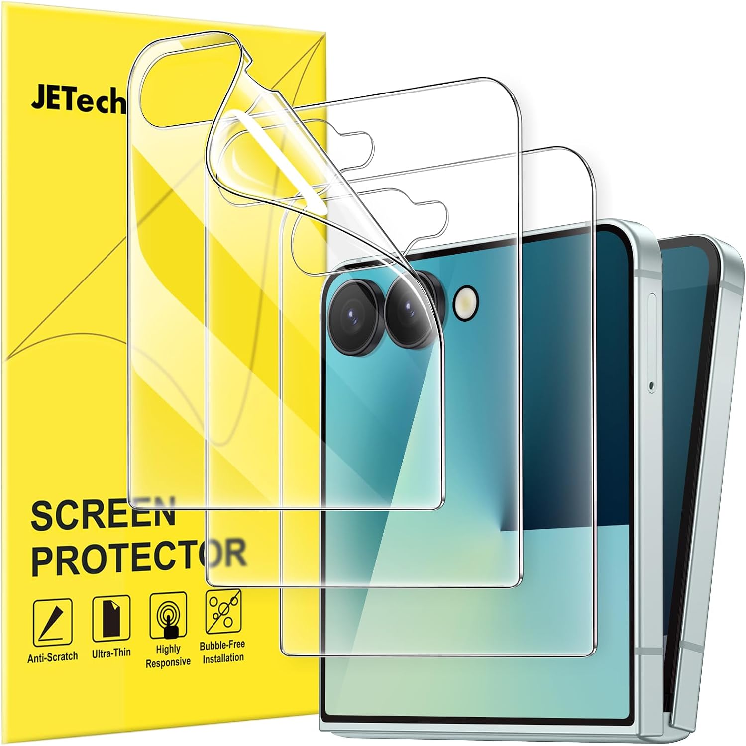 Detalle de JETech Samsung Galaxy Z Flip 7 främre skärmskydd i PET, 3-pack, HD-klart
