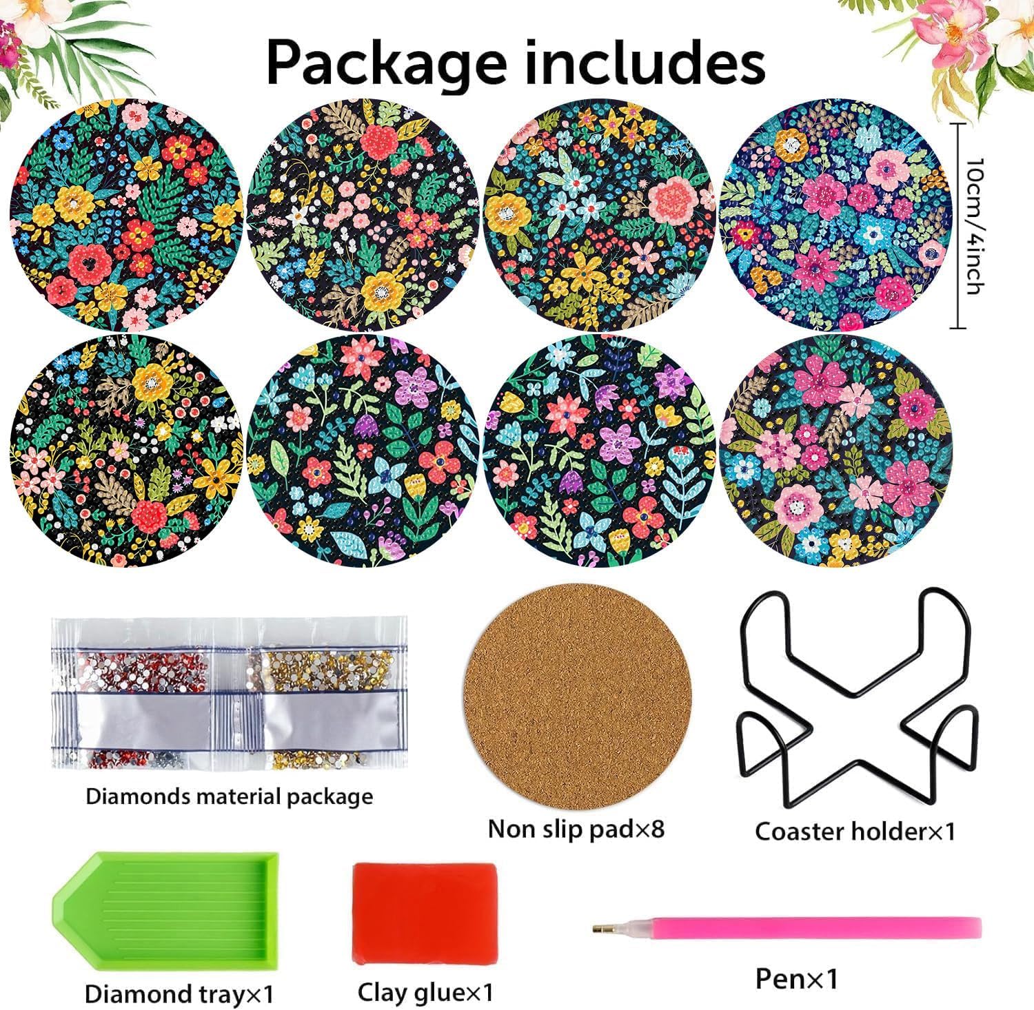 Detalle de mrpwnle 8-Pack Floral Diamond Art Coaster Kit with Acrylic Coasters, Cork Pads and Holder