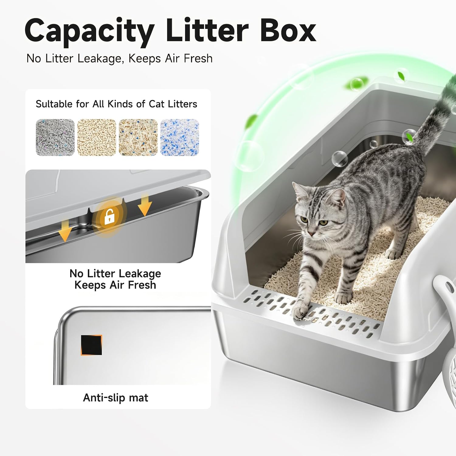 Detalle de OneBug Stainless Steel XL Cat Litter Box with High-Sided Design