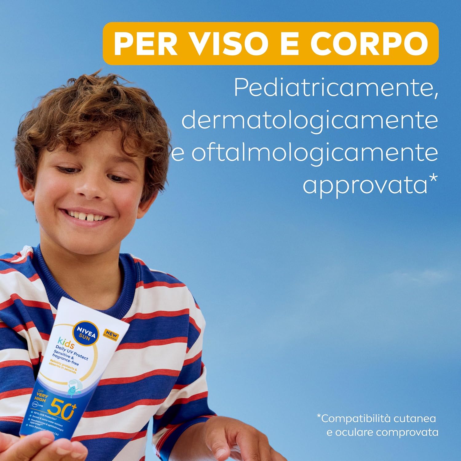 Detalle de NIVEA SUN Kids Protezione UV Quotidiana SPF 50+ – Crema solare viso e corpo per bambini 3+ anni, senza profumo, 100 ml