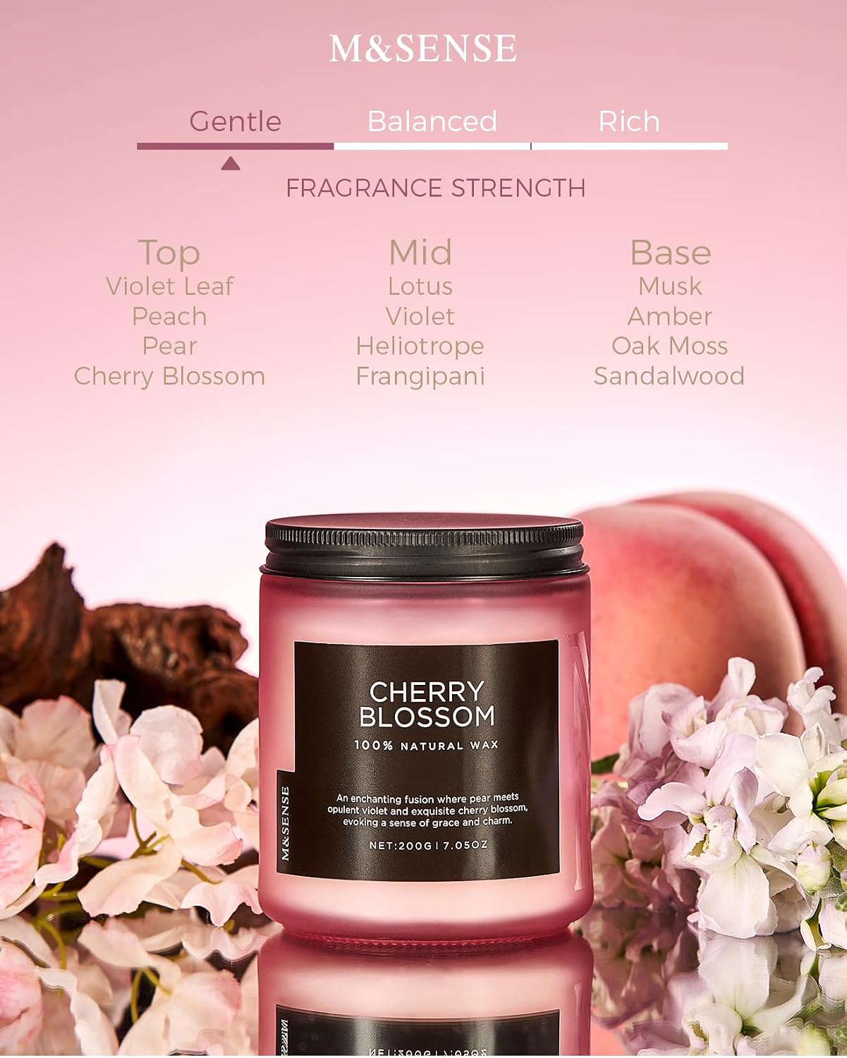 Detalle 2 de M&SENSE Cherry Blossom Soy Candle — 7.05oz, 50-Hour Clean Burn in Reusable Jar
