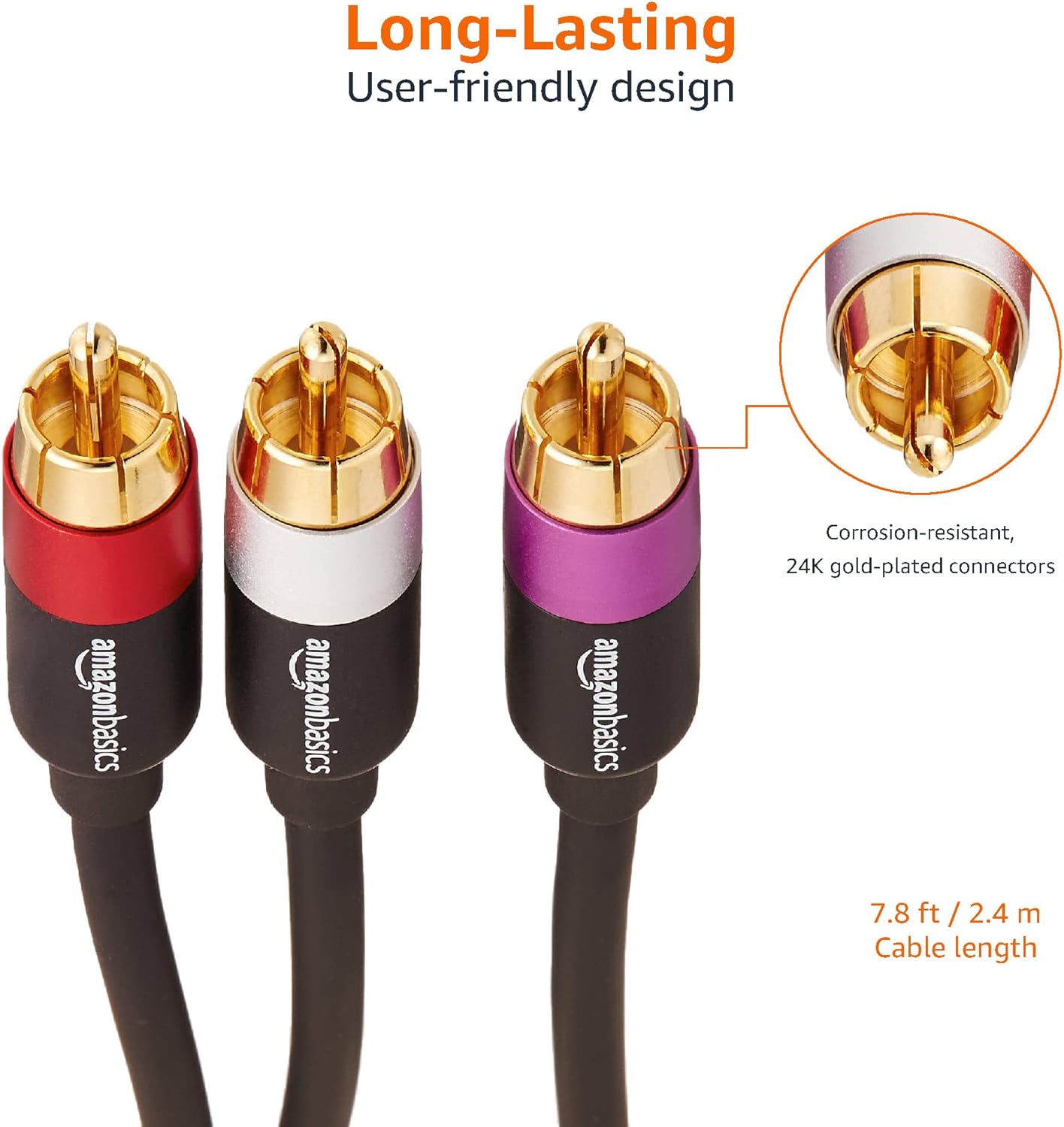 Thumbnail 4 de Amazon Basics Câble audio RCA 1 mâle vers 2 mâles (or), 2,4 m, noir