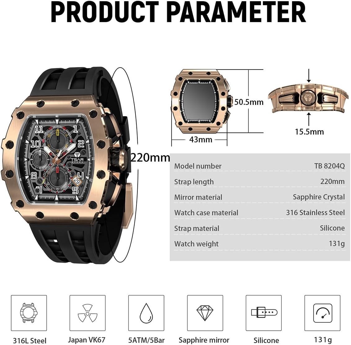 Thumbnail 6 de TSAR BOMBA Orologio da Uomo Tonneau Lusso con Cristallo di Zaffiro e Movimento al Quarzo Giapponese