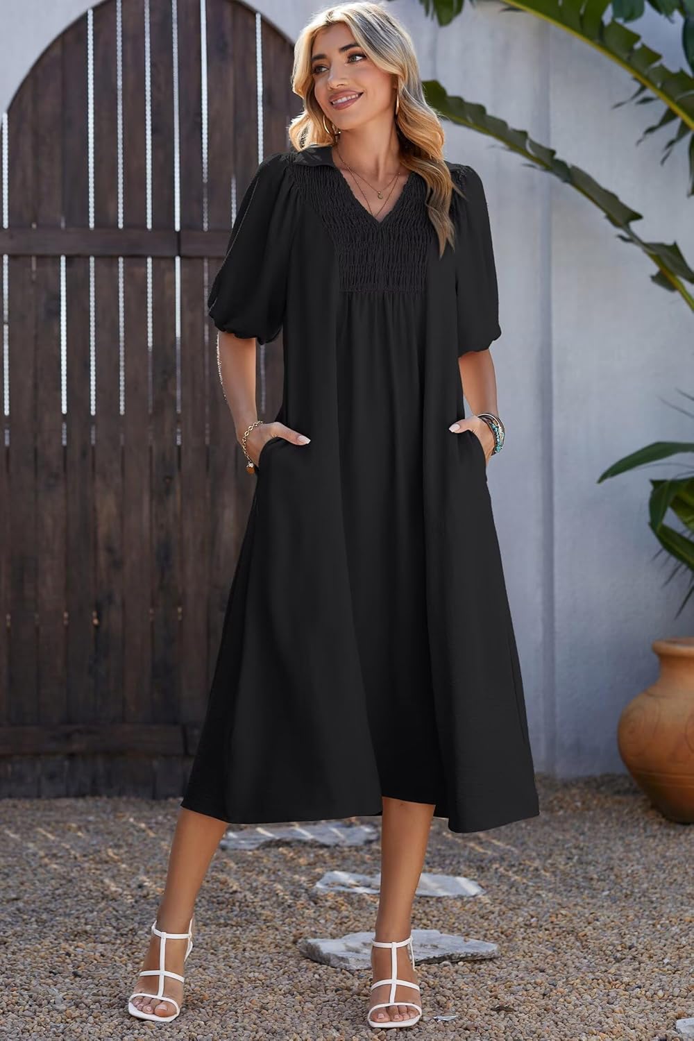 Detalle de Dokotoo 2026 Summer Dress: V-Neck, Puff Sleeve Maxi with Pockets