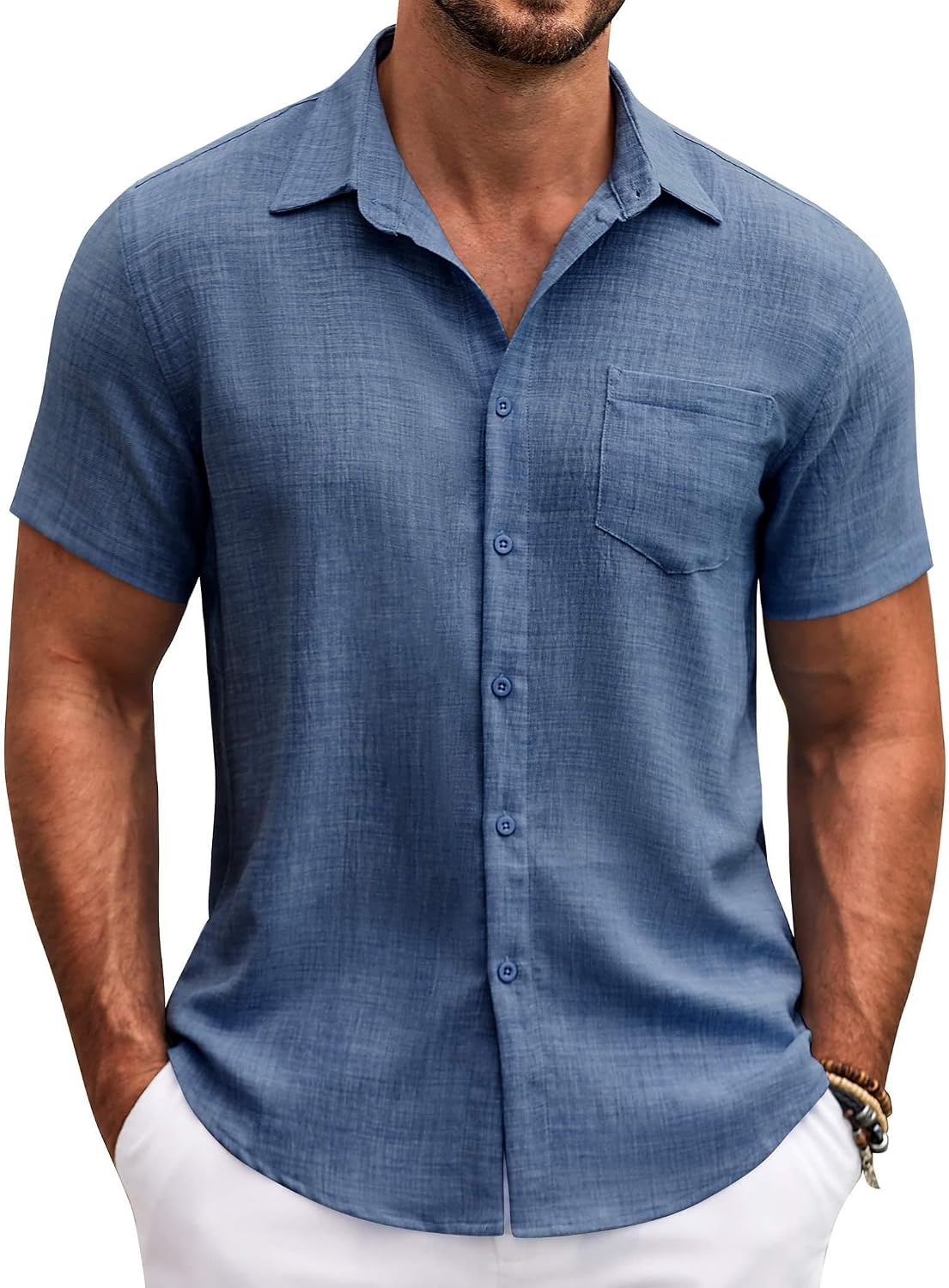Detalle de COOFANDY Men's Button Down Short Sleeve Shirt – Textured, Breathable Summer Essential
