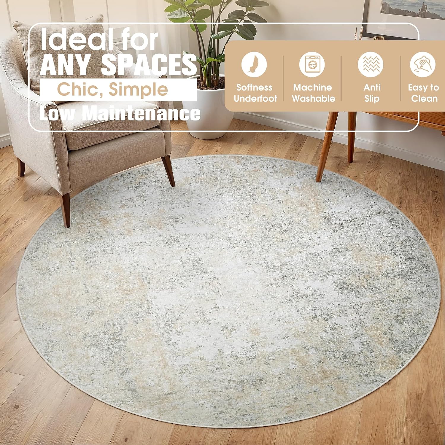 Detalle de Aelenmu 6 ft Round Area Rug, Beige and Gray Abstract, Low-Pile with Rubber Backing
