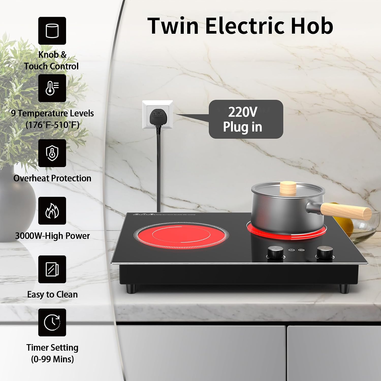 Thumbnail 2 de VBGK Double Electric Hob (3000W): Built‑in & Countertop 2‑Ring Ceramic Hob with 9 Power Levels and Safety Lock