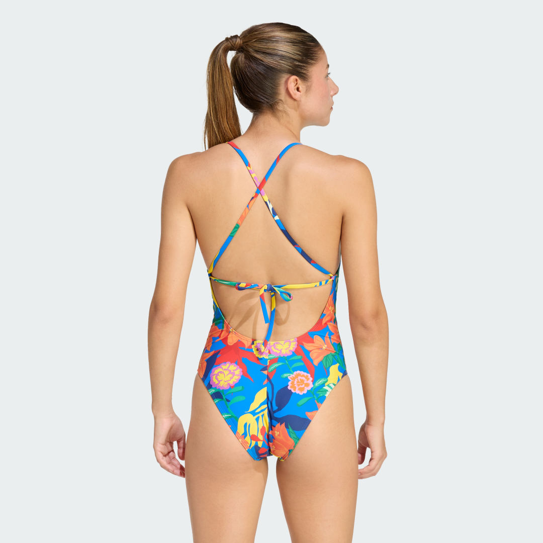 Detalle 2 de TRAJE DE BAÑO Adidas espalda anudada con diseño de flores mexicanas — azul