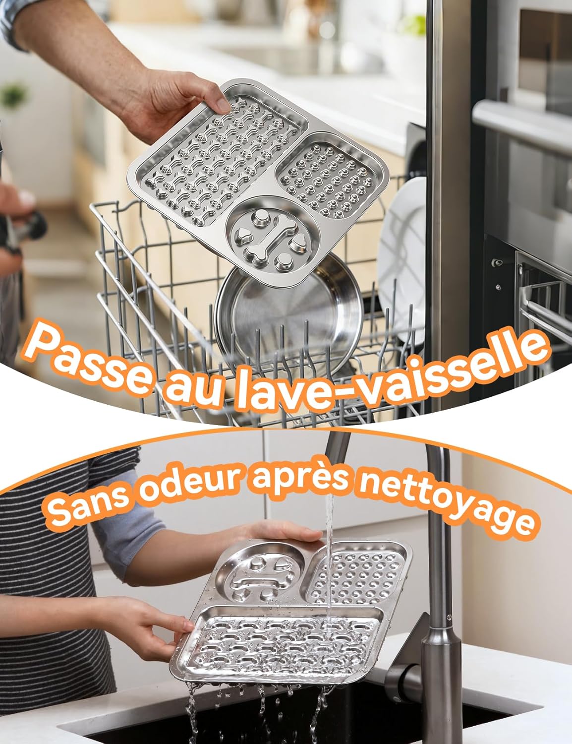 Detalle 2 de Tapis de léchage pour chien en INOX FEELNEEDY (gamelle anti-glouton, compartimentée, ventouses antidérapantes)