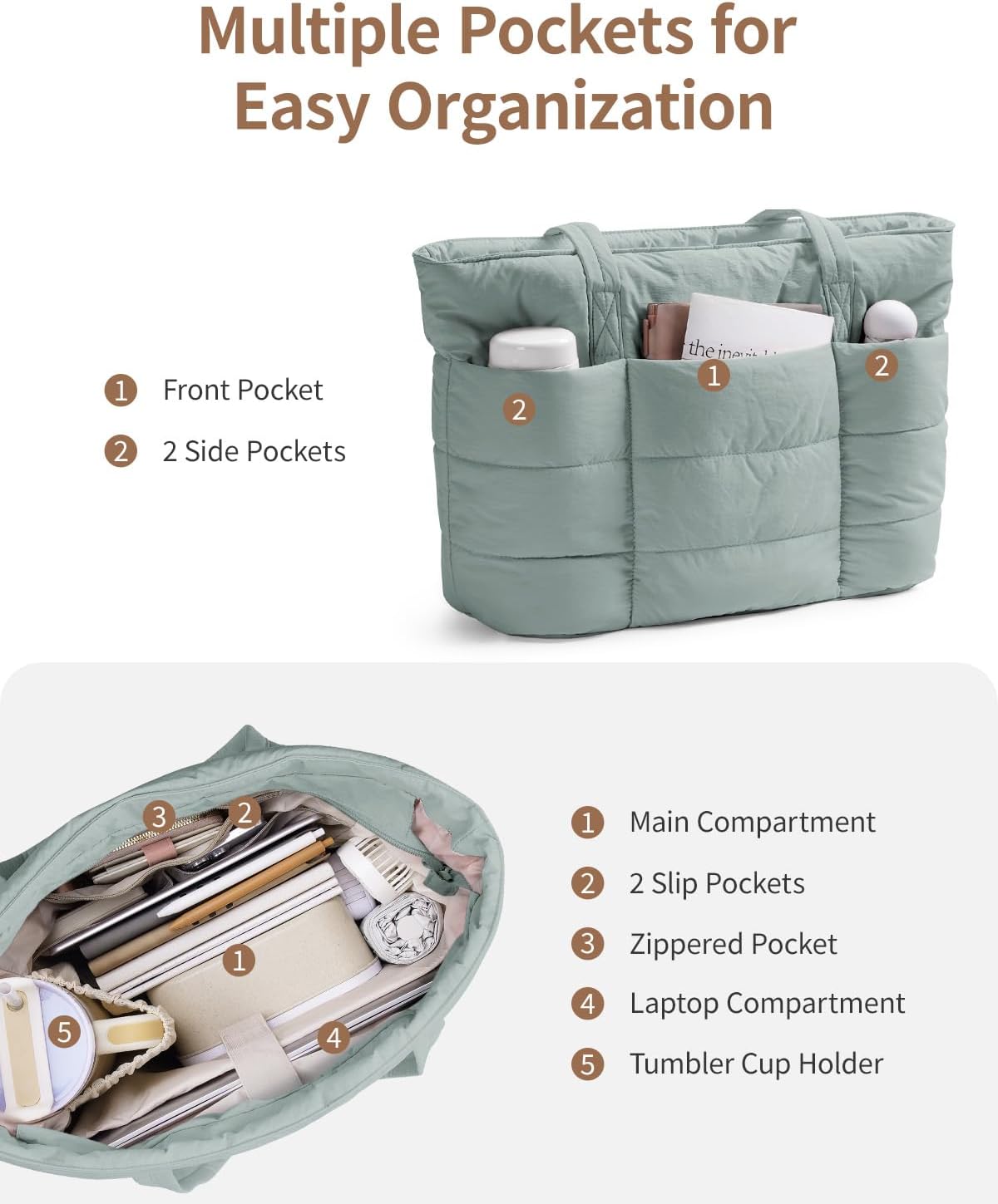 Detalle de Narwey Quilted Puffer Tote Bag for Women with 15.6" Laptop Sleeve and Elastic Cup Holder