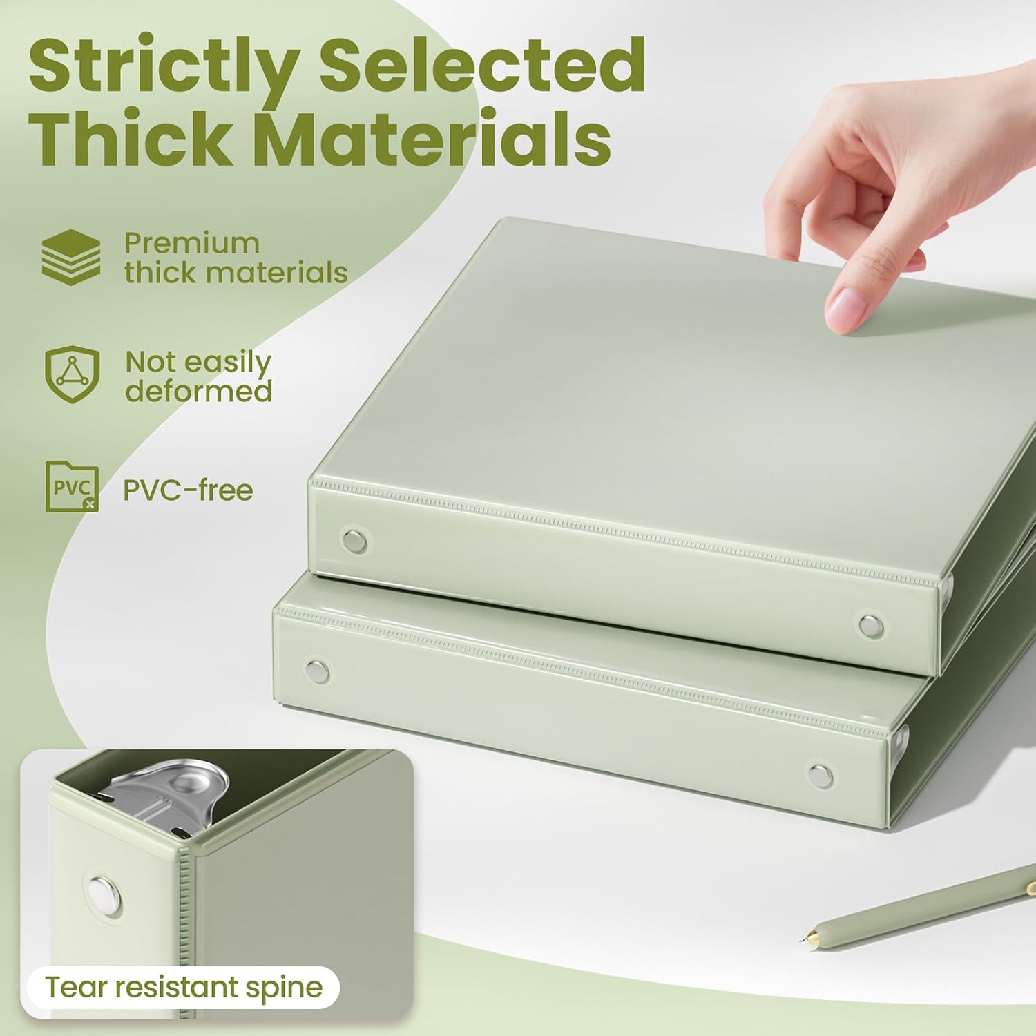 Detalle de SUNEE 1-Inch 3-Ring Binder, PVC-Free Clear View, Sage Green, Letter Size