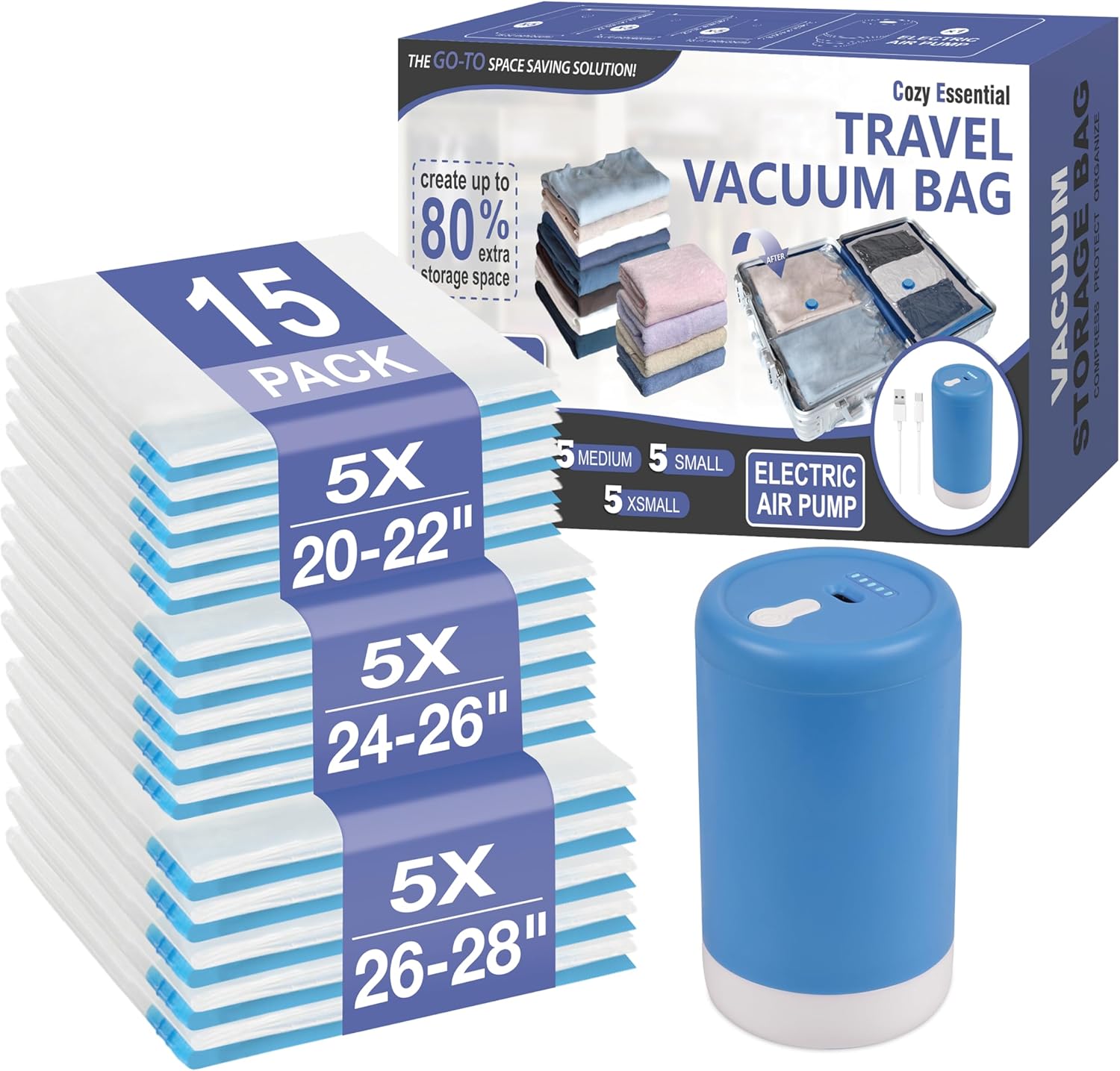 Detalle de Cozy Essential Rechargeable Vacuum Storage Bags Travel Set with USB Cordless Pump (15-Combo)