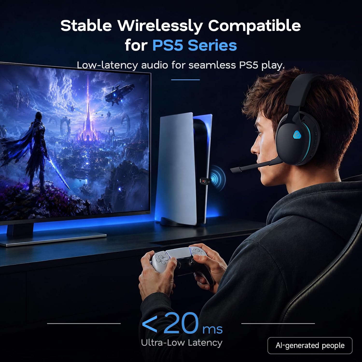 Detalle de AOC Captain 300 Wireless Gaming Headset, 2.4GHz, Bluetooth 6.0, 45-Hour Battery