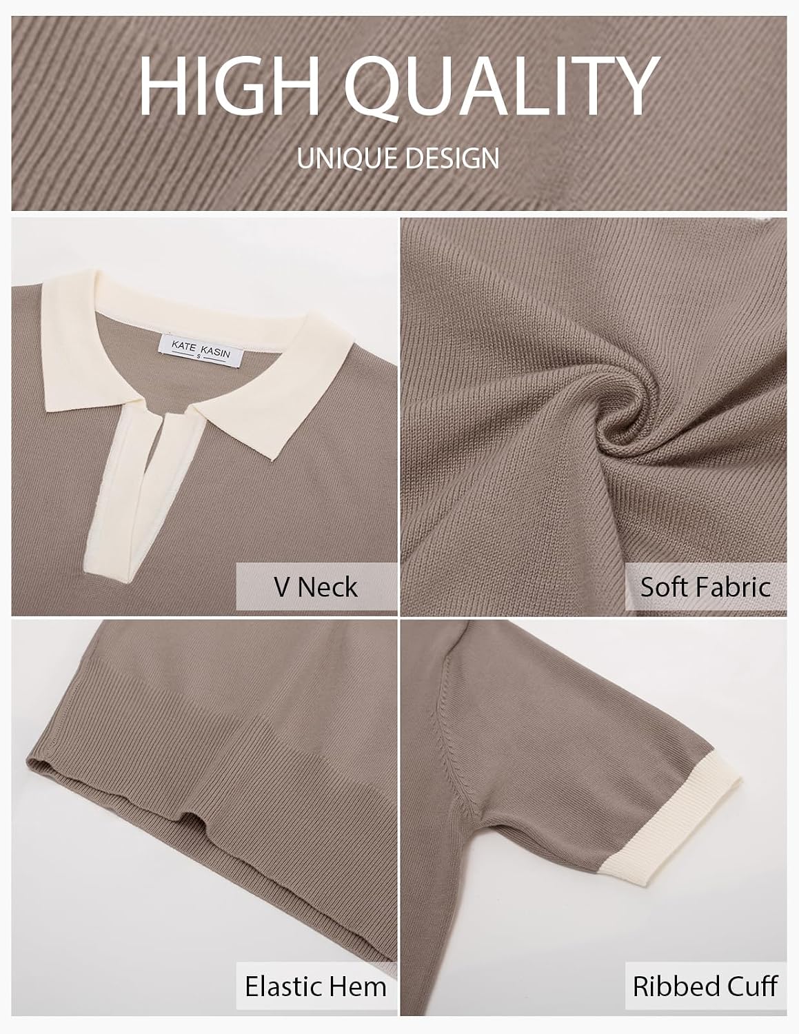Detalle de Kate Kasin Women Short Sleeve Polo Sweater V Neck Knitted Top