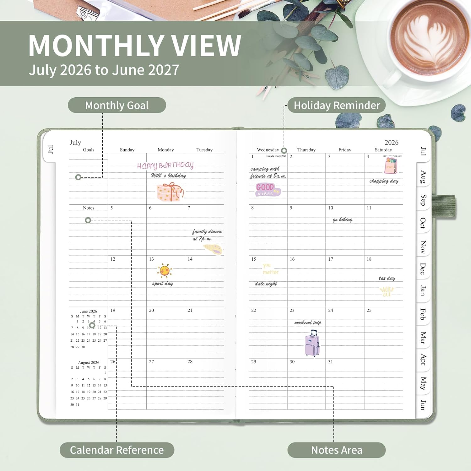Detalle 2 de Blugool 2026-2027 Academic Planner, 5.8 x 8.3-Inch Weekly and Monthly, Sage Green