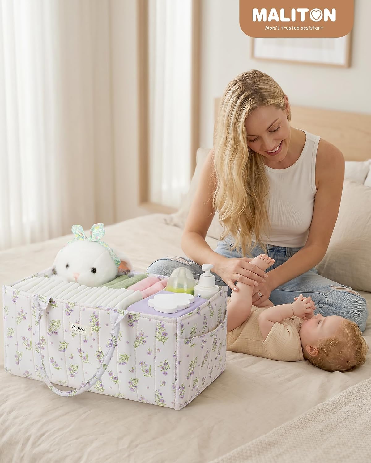 Thumbnail 1 de Maliton Nappy Caddy Organiser – Floral Baby Changing Caddy with Removable Dividers and Side Pockets