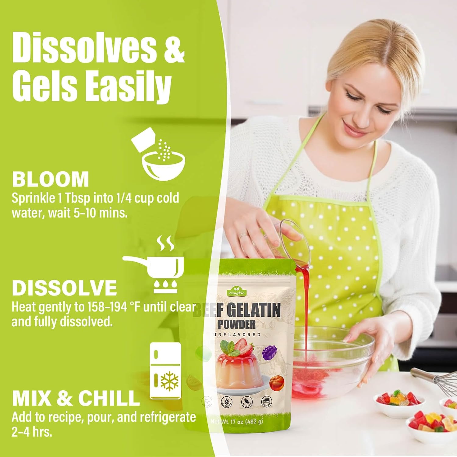 Detalle 1 de Fangkic Unflavored Beef Gelatin Powder, 17 oz, Grass-Fed