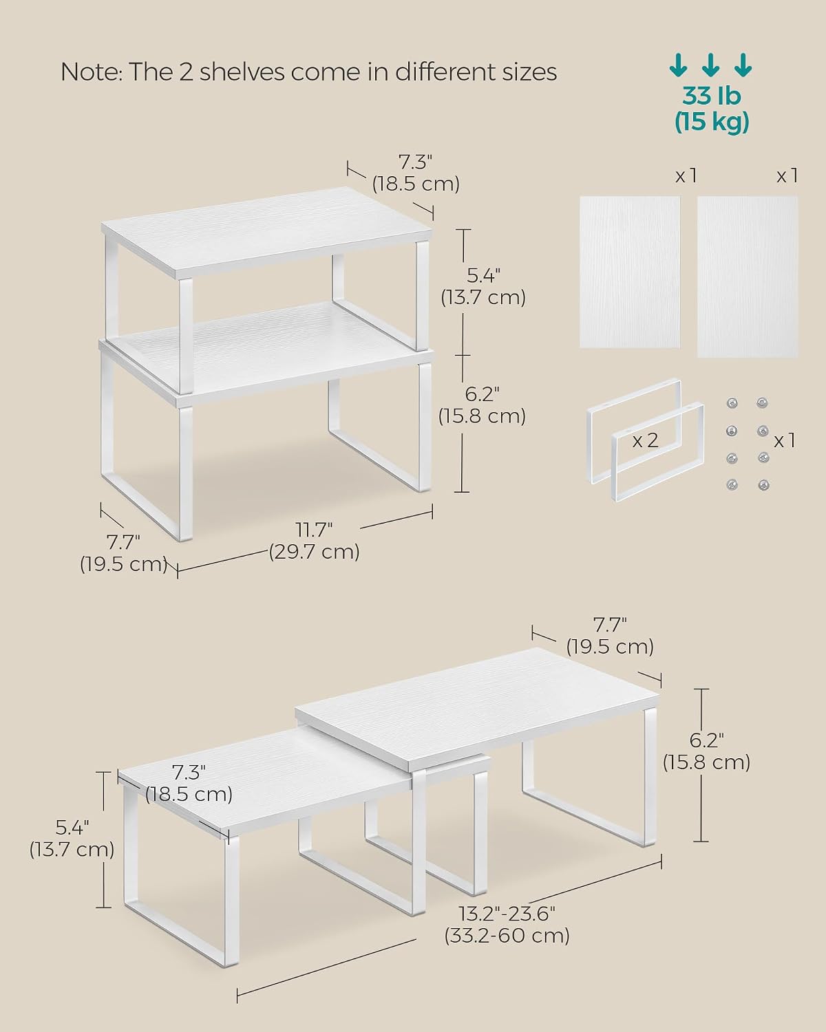Thumbnail 2 de SONGMICS Spice Rack, Set of 2 – Expandable Cupboard Shelf Organisers (Cloud White & Snow White, KCS02W01)