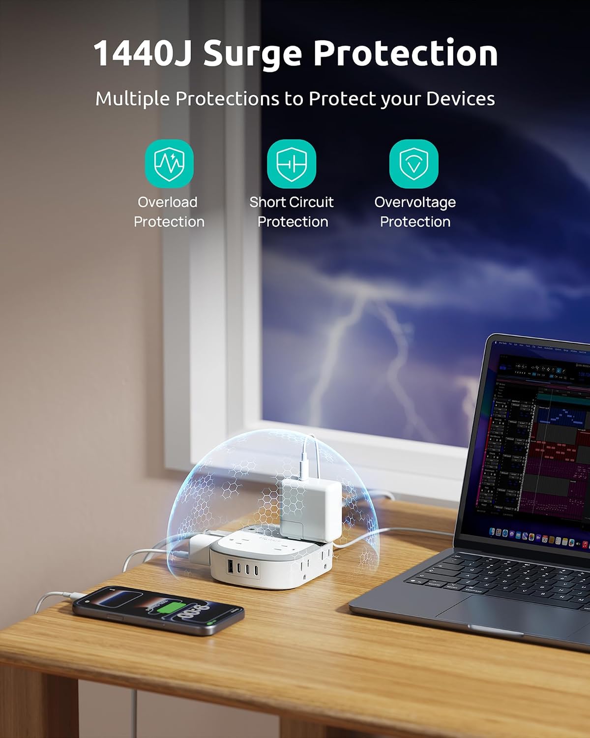 Detalle de NUTICT NT-PS-NA02 Surge Protector Power Strip, 8 AC Outlets, 4 USB Ports