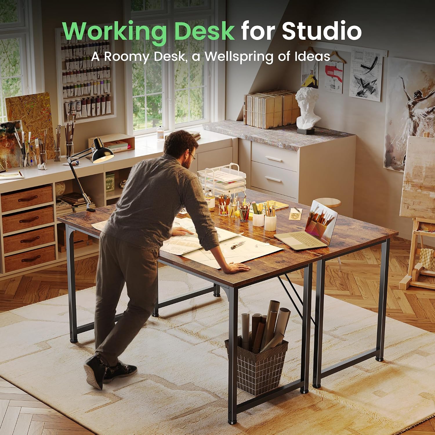 Thumbnail 6 de Huuger Rustic Brown Computer Desk with Metal Frame and Spacious Worktop