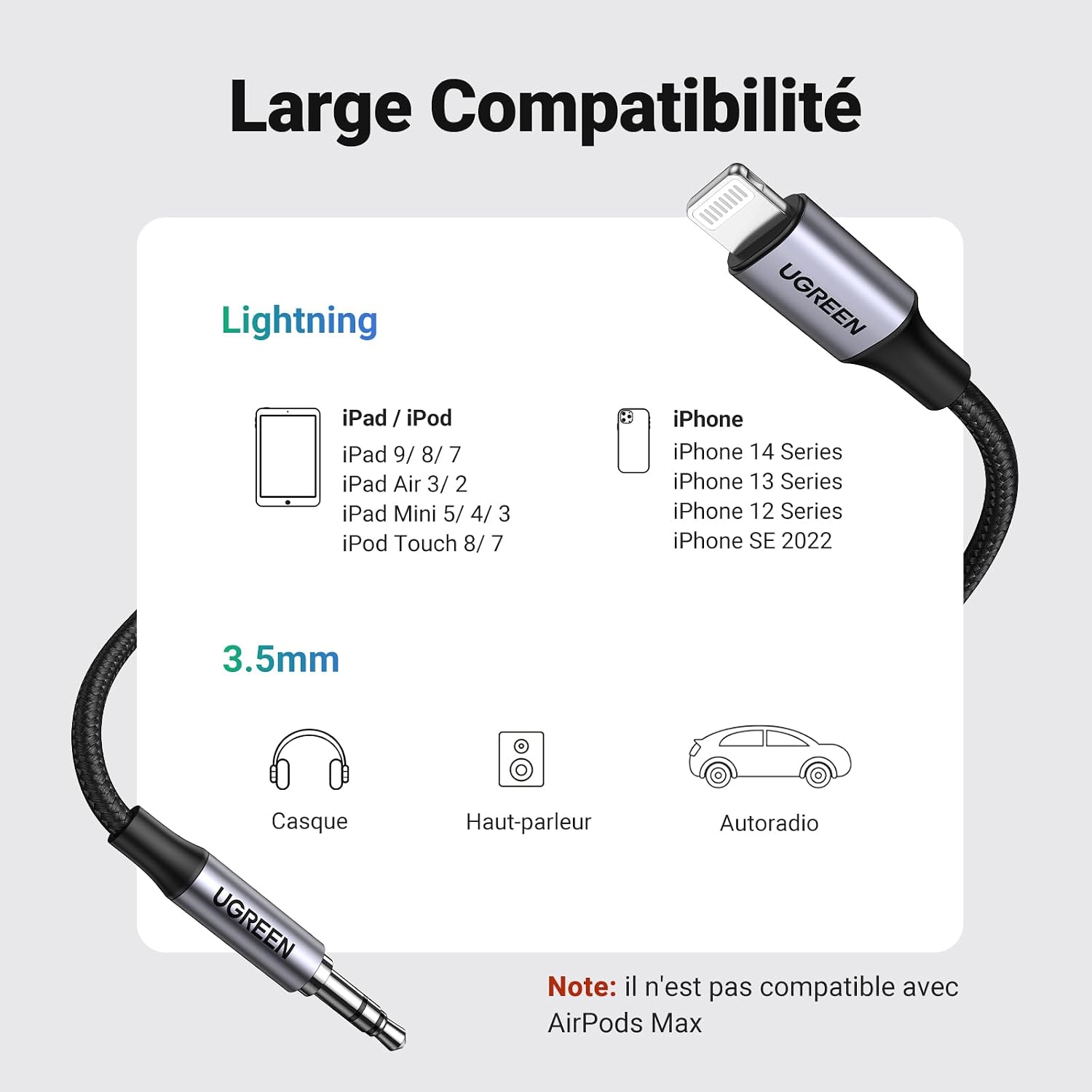 Detalle 2 de UGREEN Câble Lightning Jack 3,5 mm MFi 1M