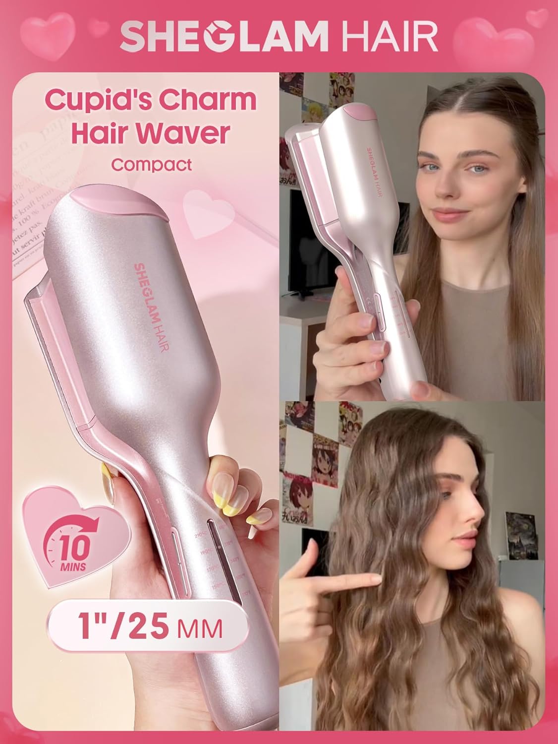Detalle de Sheglam Cupid’s Charm Beach Babe Welleneisen (2 Barrel, 25 mm) mit Smart-Timer, 130–210 °C & Dual Voltage