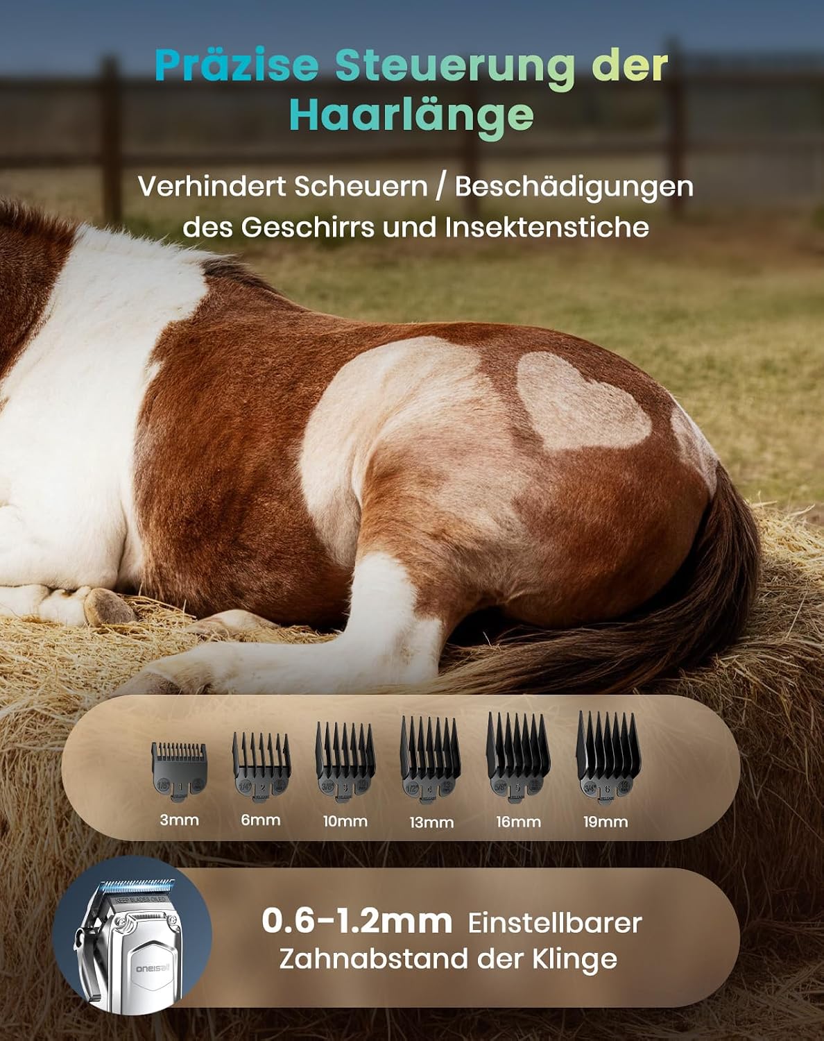 Detalle de oneisall Kabellose Schermaschine für Pferde (und Hund) mit 6 Aufsätzen & abnehmbarer Edelstahlklinge