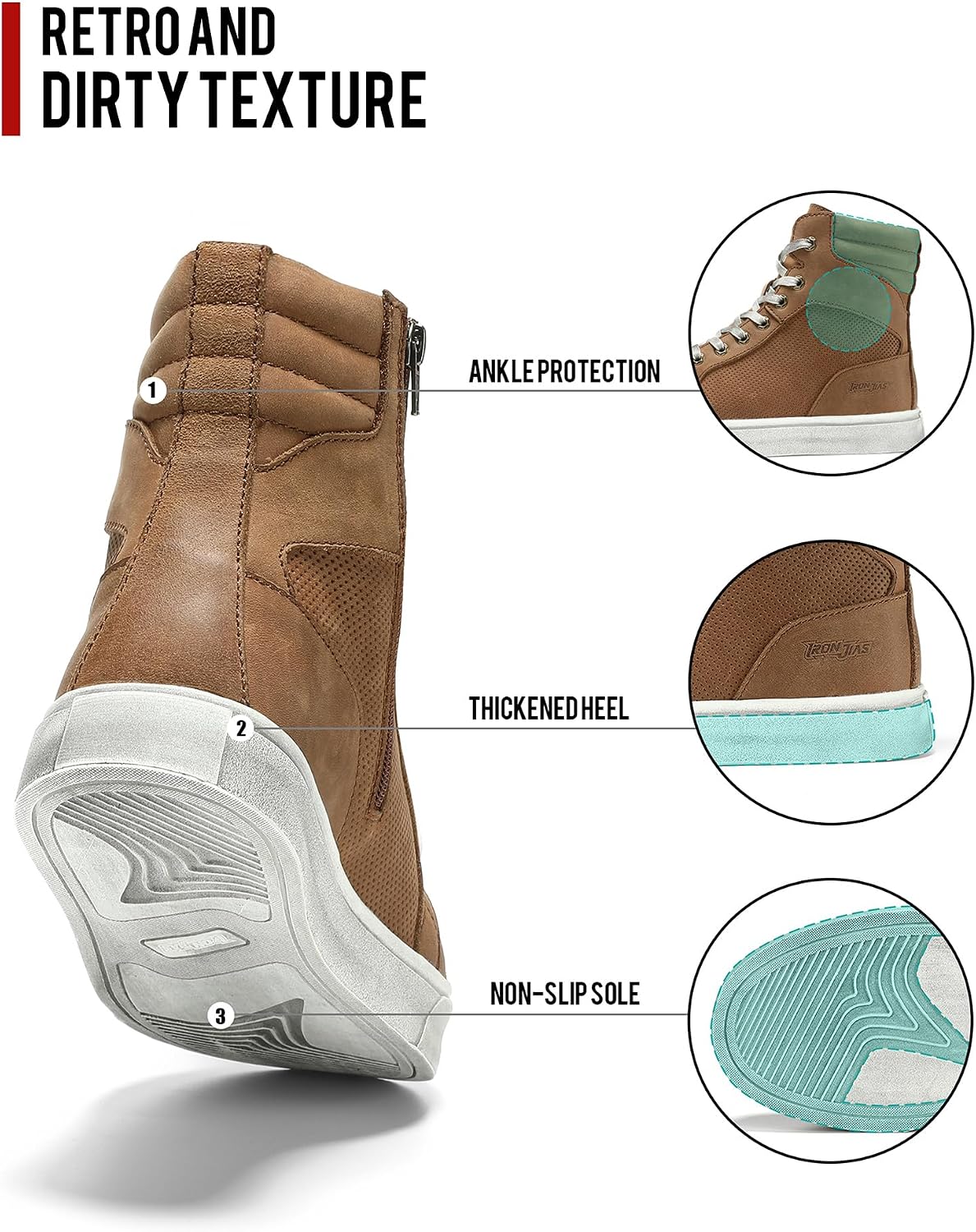 Detalle de Scarpe da moto retrò da uomo in pelle con cerniera e suola antiscivolo marrone (tomaia traspirante)