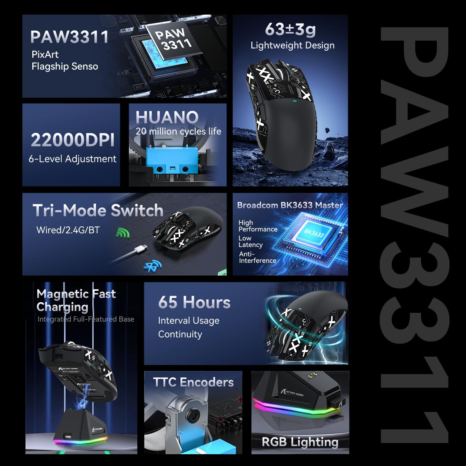 Thumbnail 2 de ATTACK SHARK X11 Gaming-Maus mit magnetischer Ladestation (PixArt PAW3311), 22.000 DPI, 3 Modi