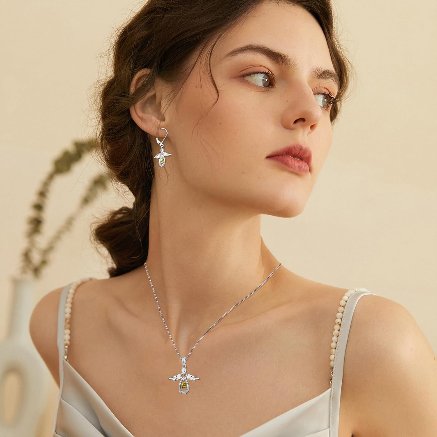 Detalle de FJ Damen Kette „Schutzengel“ mit Anhänger aus 925 Sterling Silber, Zirkonia und Geburtsstein