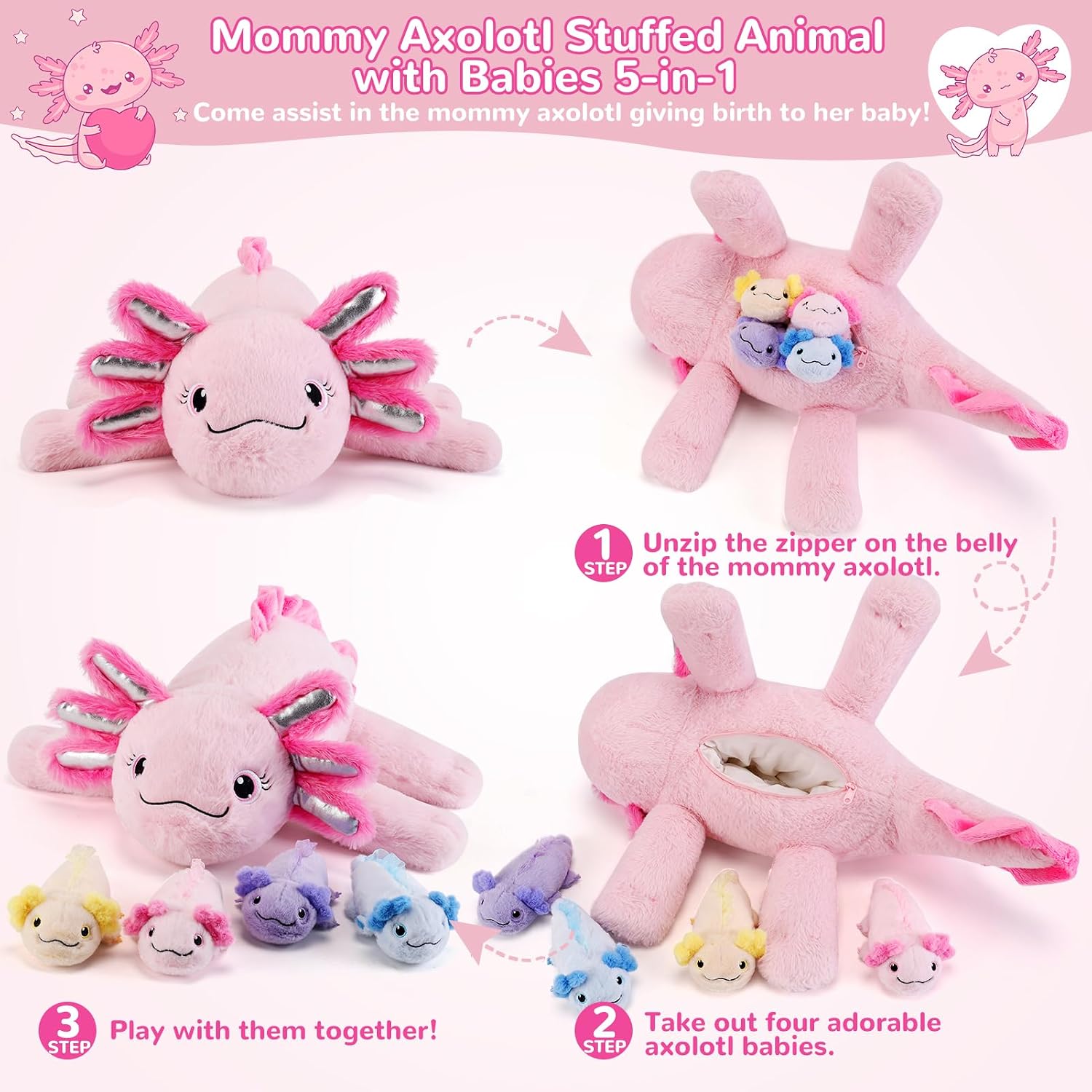 Thumbnail 1 de Gnomantic 5-Piece Axolotl Plush Set: 1 Mommy Axolotl with 4 Babies Inside Belly (Pink)
