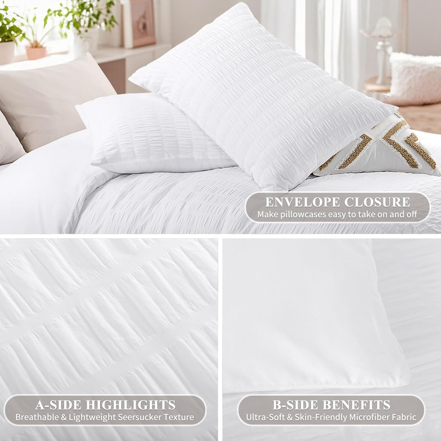 Thumbnail 5 de Aisbo King Size Seersucker Duvet Cover Set, White – 3pc (230×220cm) with 2 Pillowcases