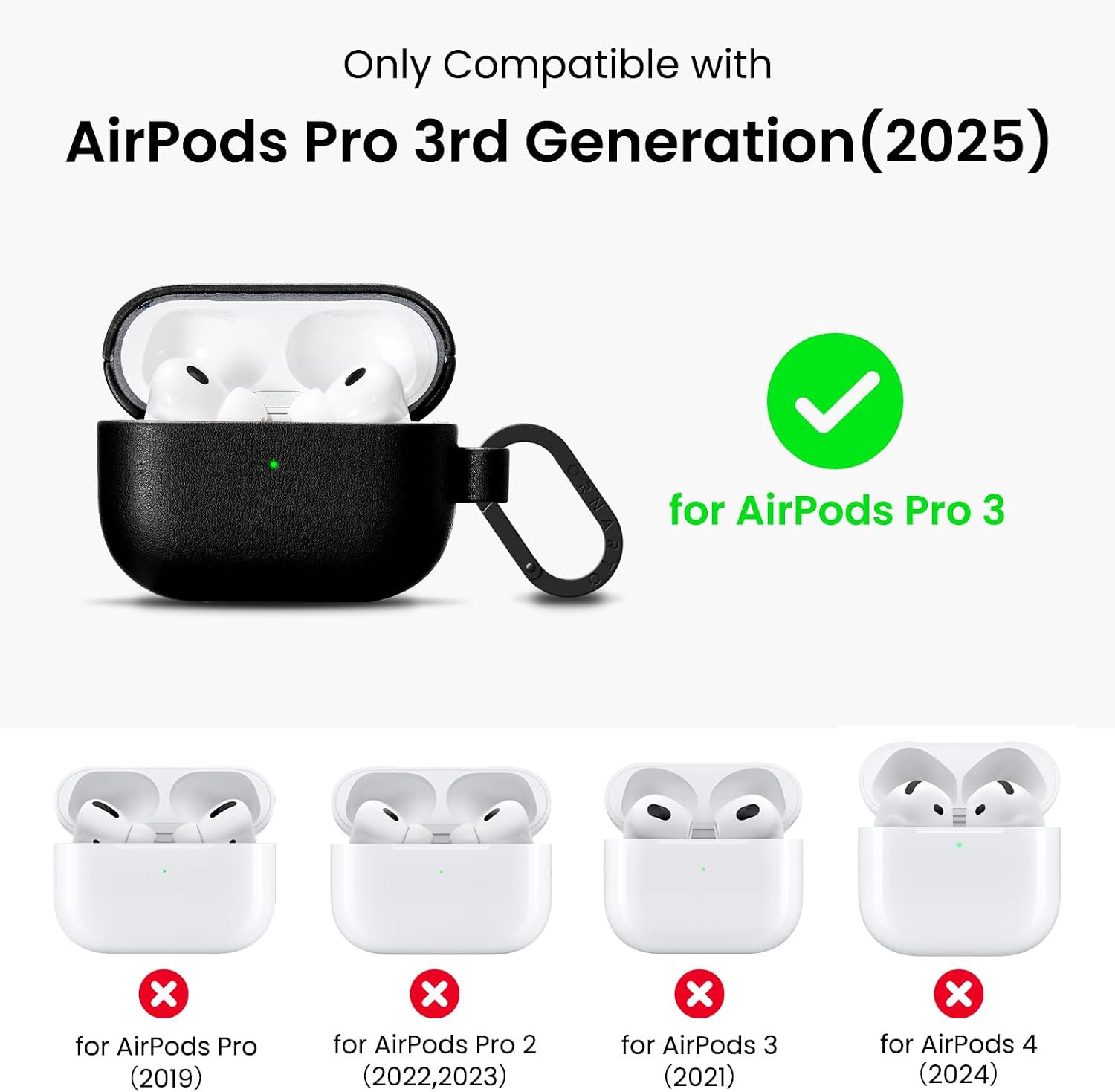 Detalle de ORNARTO Leather Case for AirPods Pro 3 (2025) with Carabiner – Black