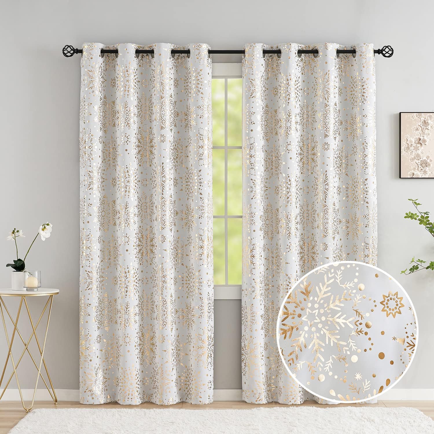 Thumbnail 1 de White Gold blackout curtains with medallion snowflake print – 90 inch triple-weave thermal set (1 pair, grommet)