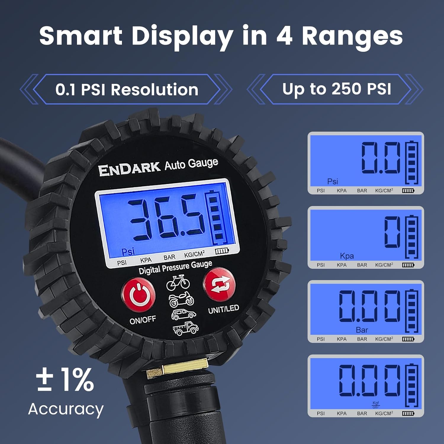 Thumbnail 4 de ENDARK Digital Tire Pressure Gauge with Inflator (250 PSI) — air compressor attachment with 360° chuck, extended hose & carry case