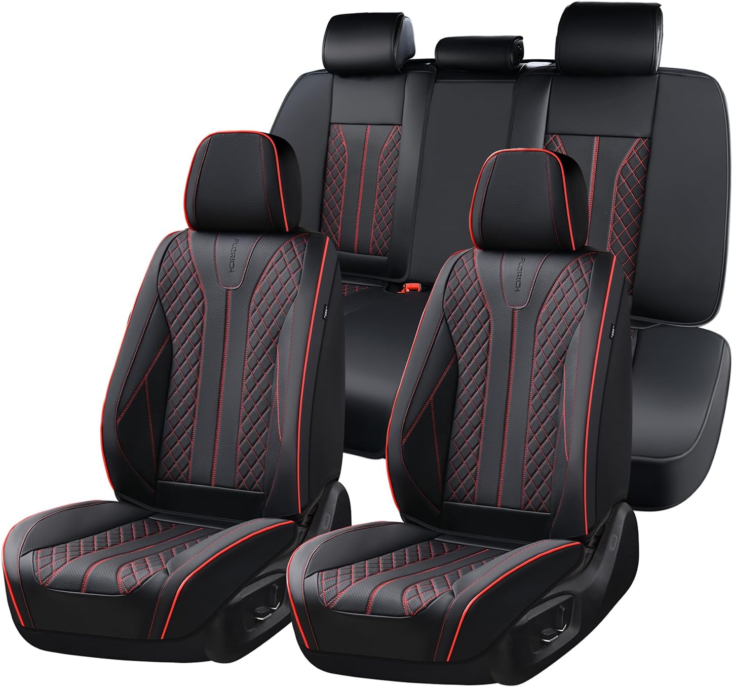 Detalle de FLORICH Leather Seat Covers (Front & Rear) for 5 Seats — Universal Fit, Waterproof Faux Leather, Black & Red Line