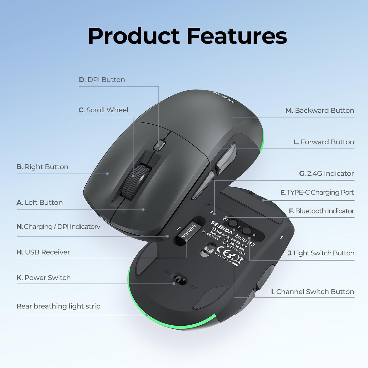 Thumbnail 6 de Seenda MOU110 Wireless Bluetooth Mouse – Dual-Mode, Rechargeable with RGB Backlight
