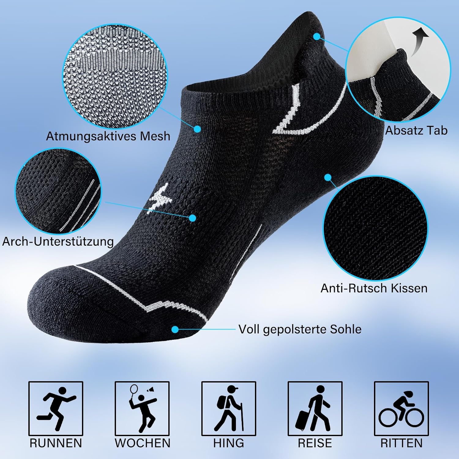 Detalle de Niorasen Sneaker-Socken Damen 35-38/39-42 – Atmungsaktiv, Anti-Blasen, Gepolsterte Laufsocken