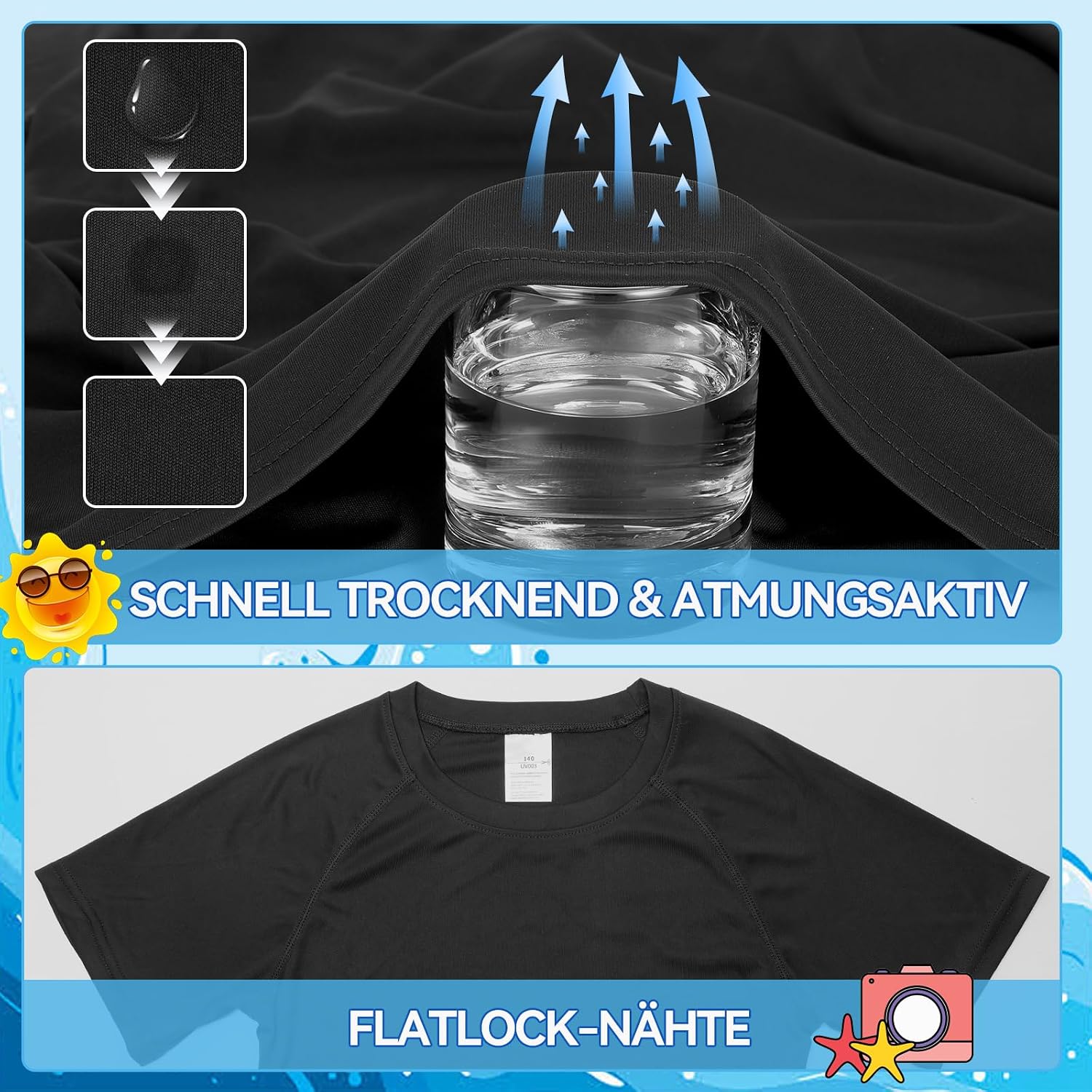 Detalle de Fengzio Maglietta UV Bambino UPF 50+ - Rash Guard a Maniche Raglan, 4–12 Anni