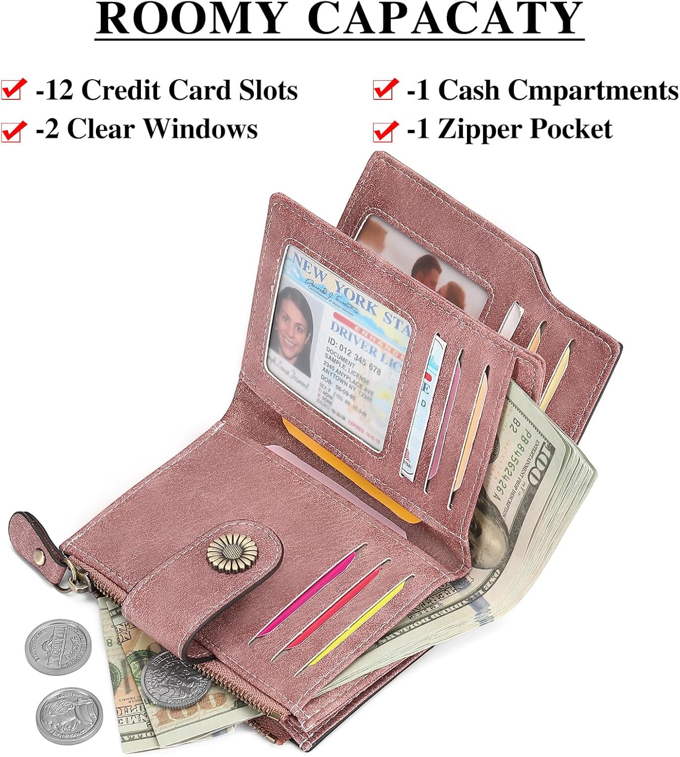 Thumbnail 1 de SENDEFN Damen Portemonnaie Echtleder, Bifold mit RFID-Schutz – 16 Kartenfächer, Reißverschlussfach