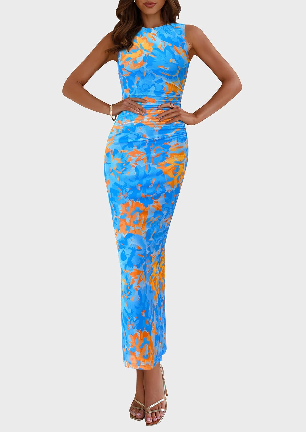 Detalle de PRETTYGARDEN Women's Floral Mesh Maxi Dress, Sleeveless Ruched Bodycon Style