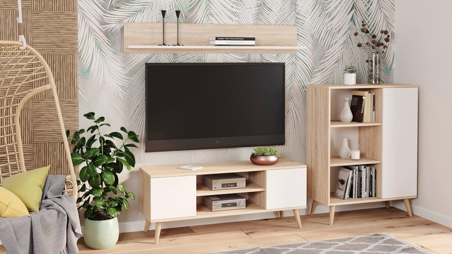 Detalle 2 de Dmora Credenza Scandi a 1 Anta e 2 Ripiani | Bianco e Rovere, 40x90x116 cm