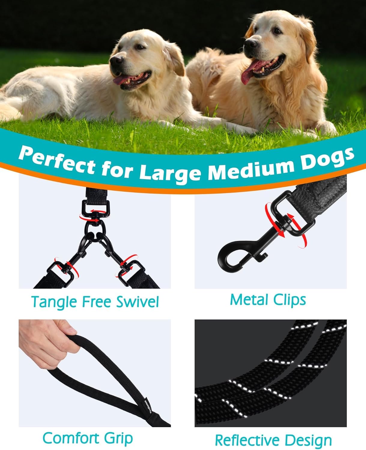 Thumbnail 1 de PetBonus Rope Double Dog Lead (No Tangle Dual Lead) with Reflective Stitching and 360° Swivel Clip, Black
