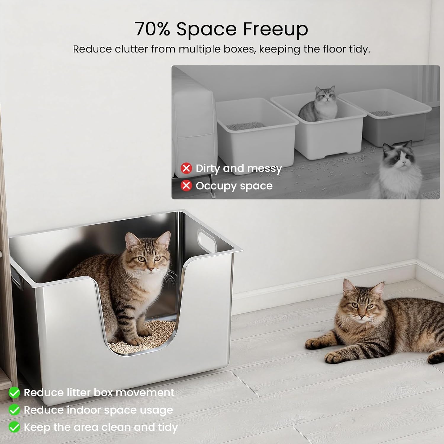 Thumbnail 6 de PTLOM Edelstahl-Katzentoilette XXXL mit niedriger Einstiegskante, 35 cm hohen Rändern (58×38×35 cm) – auslaufsicher & leicht zu reinigen