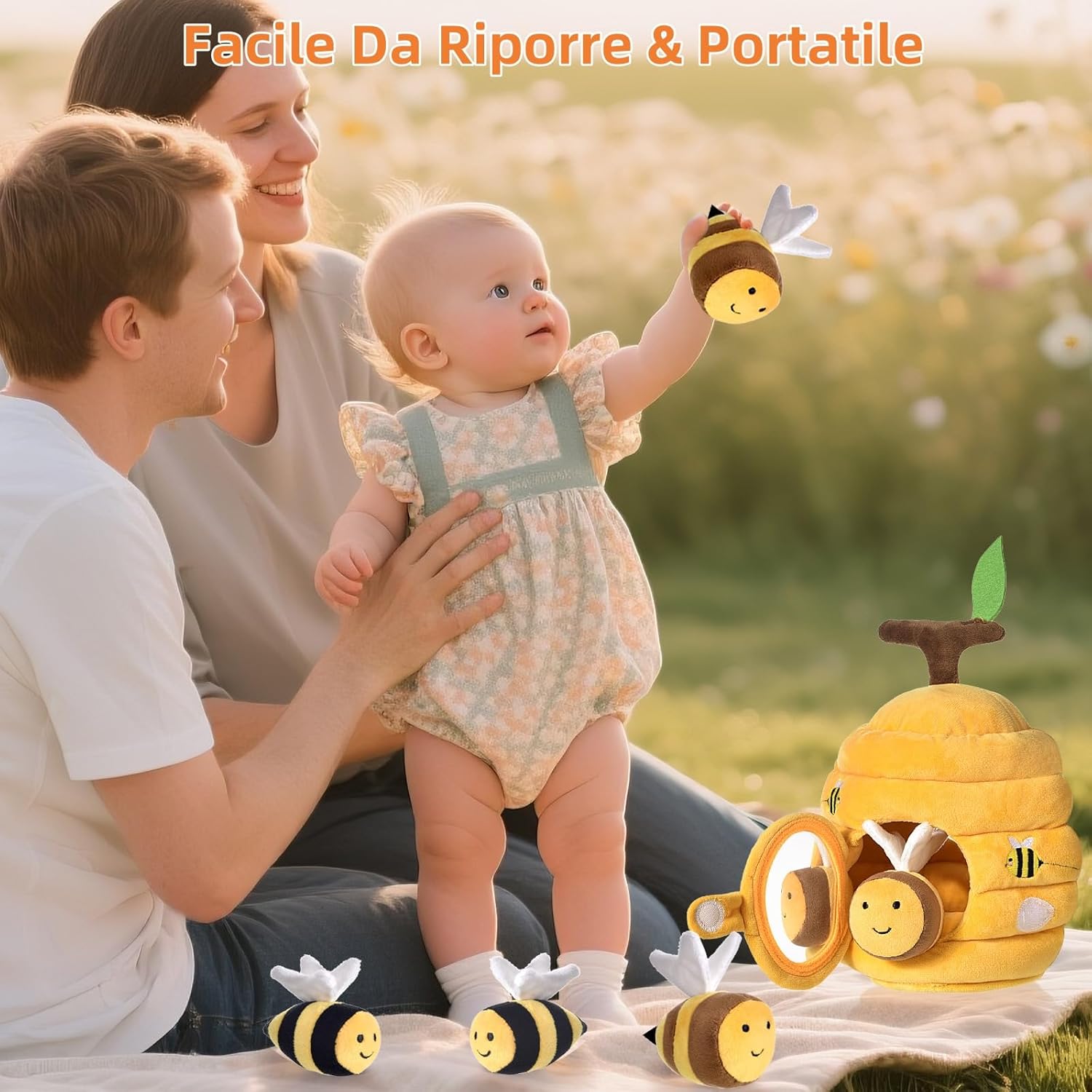Thumbnail 6 de VORENUS Giochi Neonato 6-12 mesi: alveare sensoriale morbido con 5 api (sonagli, crinkle e specchietto)