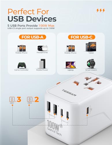 Thumbnail 6 de TESSAN 100W Universal Travel Adapter with 5 USB Ports (3 USB-C) – Worldwide Plug