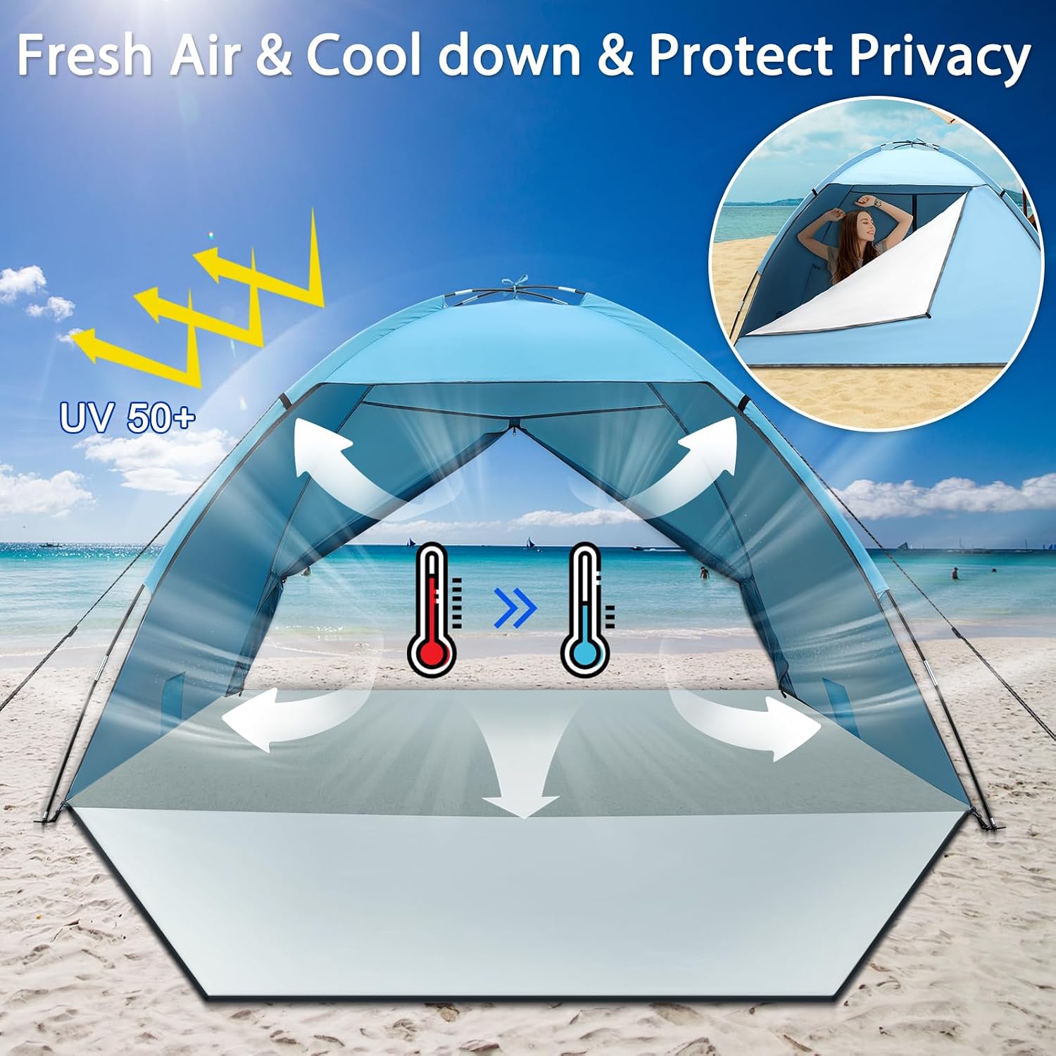 Detalle de Beach Tent for 3–4 People: Portable UV‑50+ Sun Shelter with Porch
