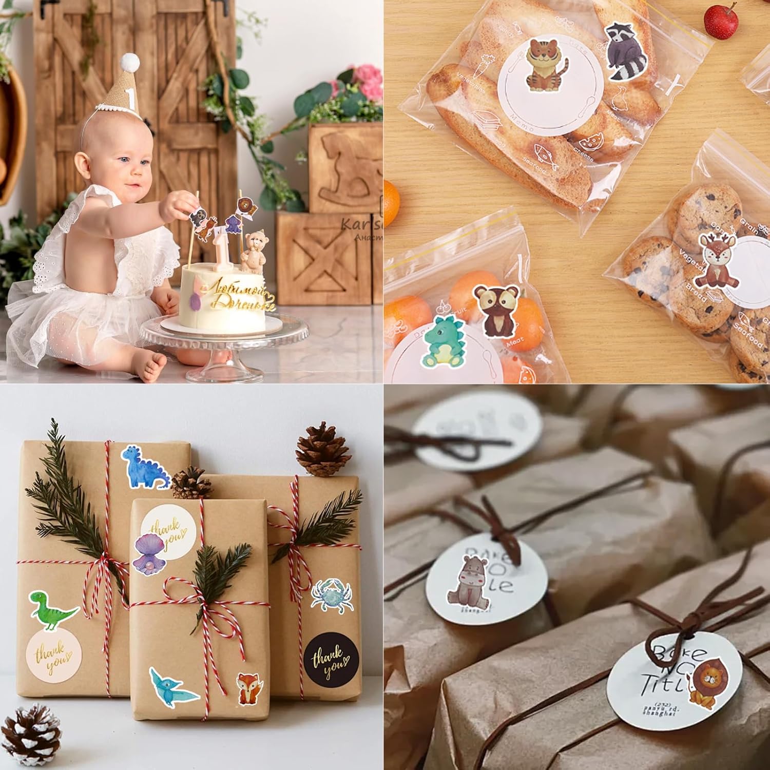 Thumbnail 3 de 4 Roll Tier Sticker Kinder Sticker Set – runde Tieraufkleber, selbstklebend, 2,5 cm Ø